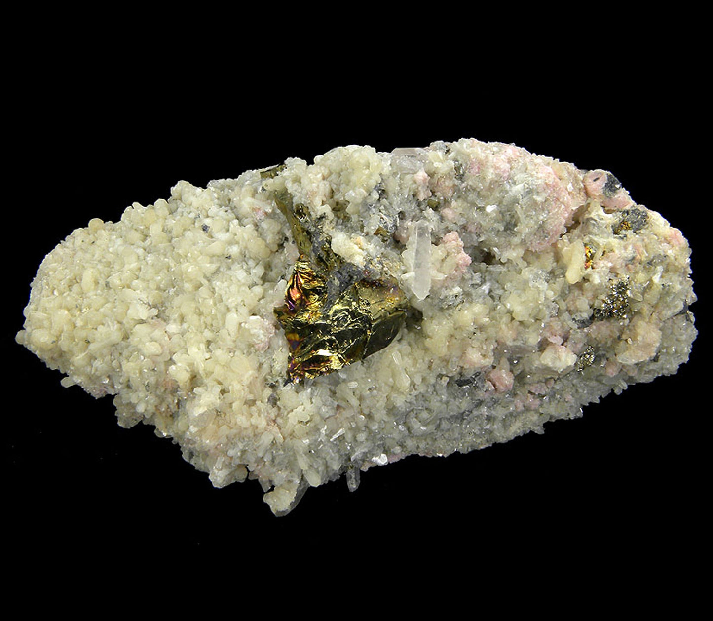 Rhodochrosite with Stilbite(!), Chalcopyrite and Quartz