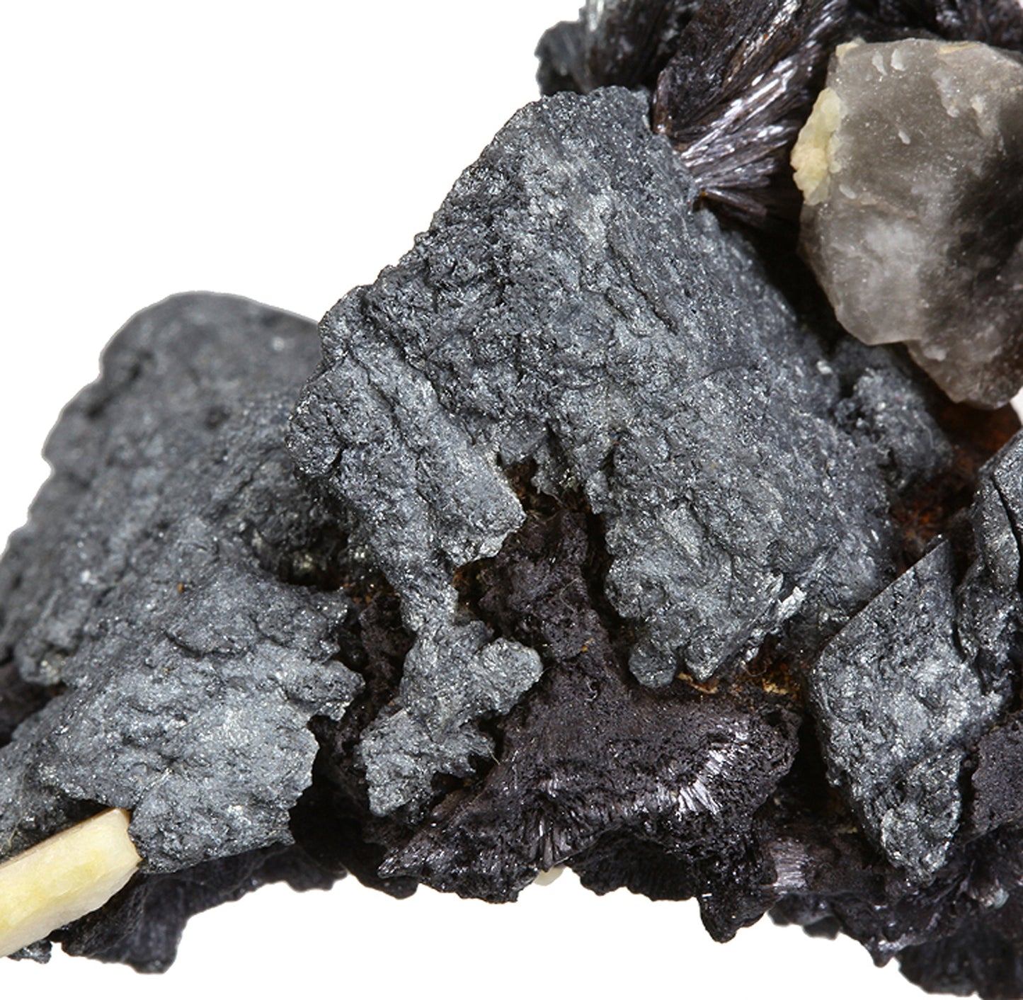 Hematite pseudomorphs after Siderite with Goethite and Quartz (var: Smoky)
