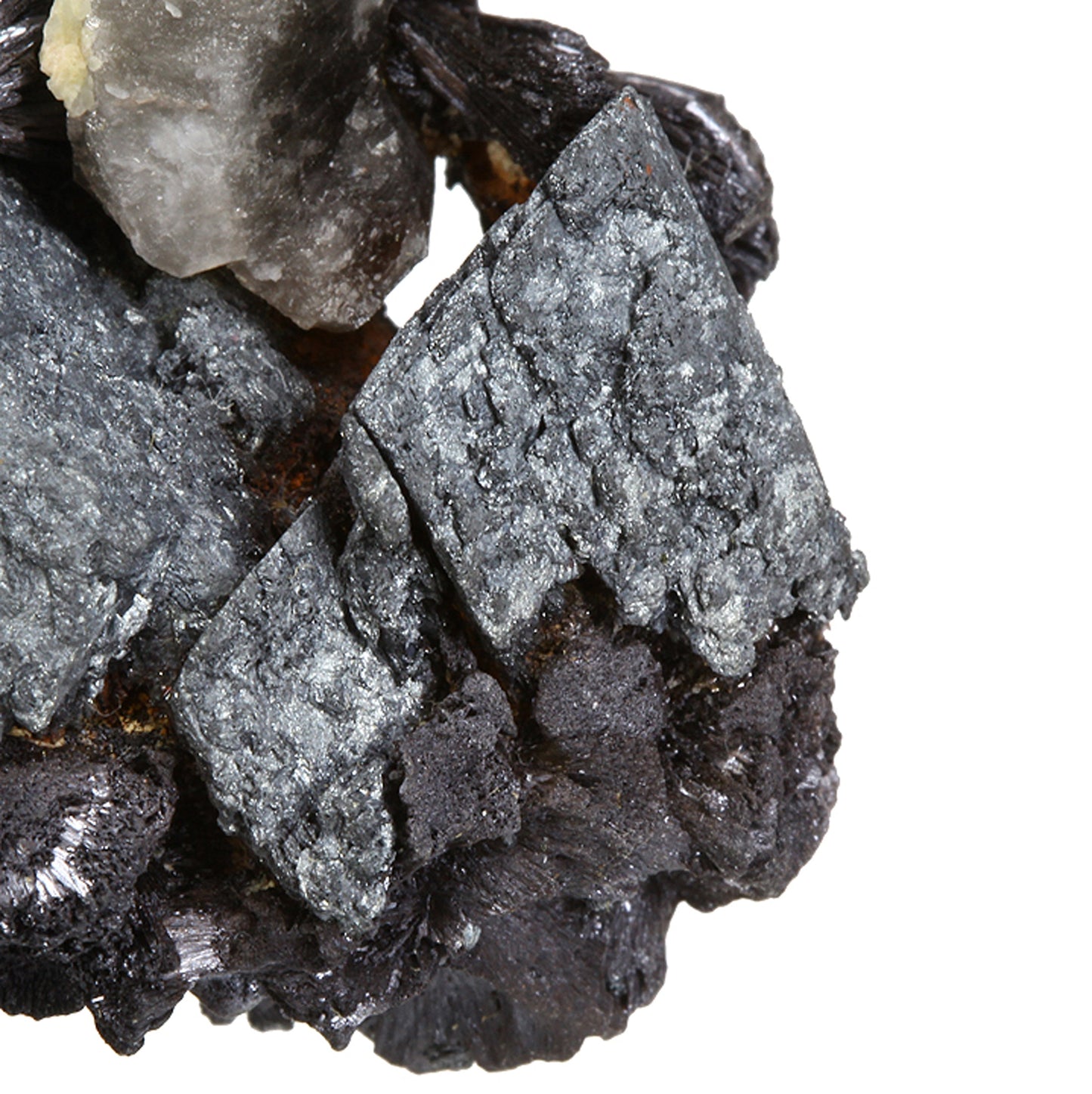 Hematite pseudomorphs after Siderite with Goethite and Quartz (var: Smoky)
