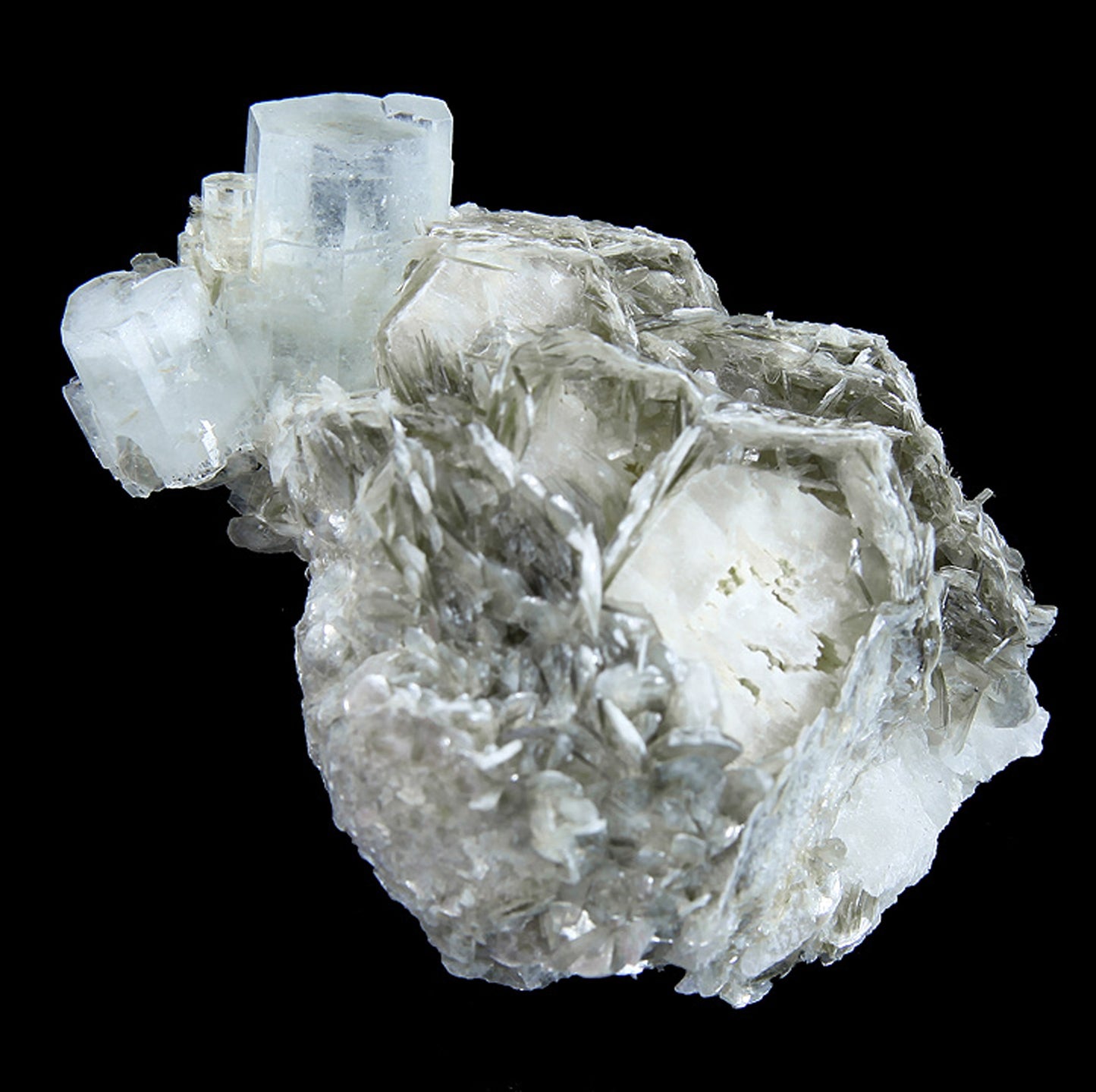 Beryl (var: Aquamarine) with Muscovite on Albite