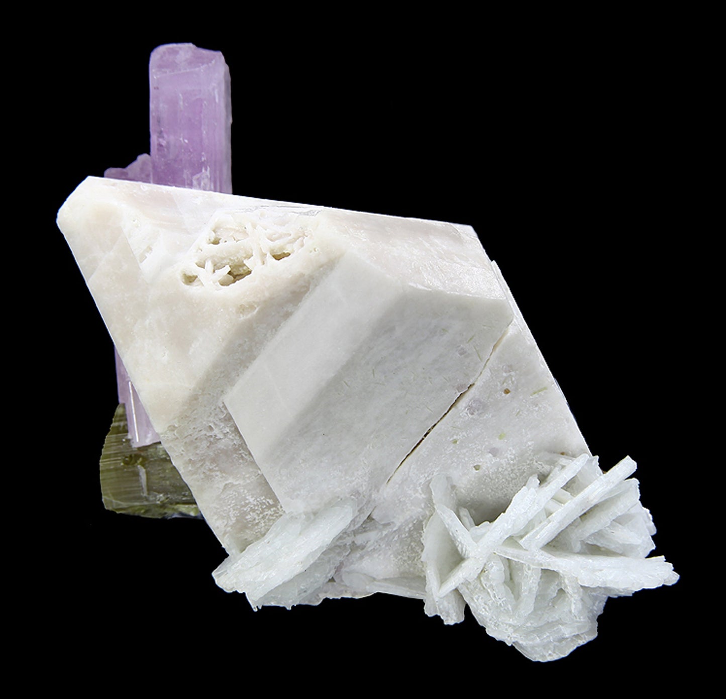 Spodumene (var: Kunzite) with Tourmaline and Microlite on Microcline