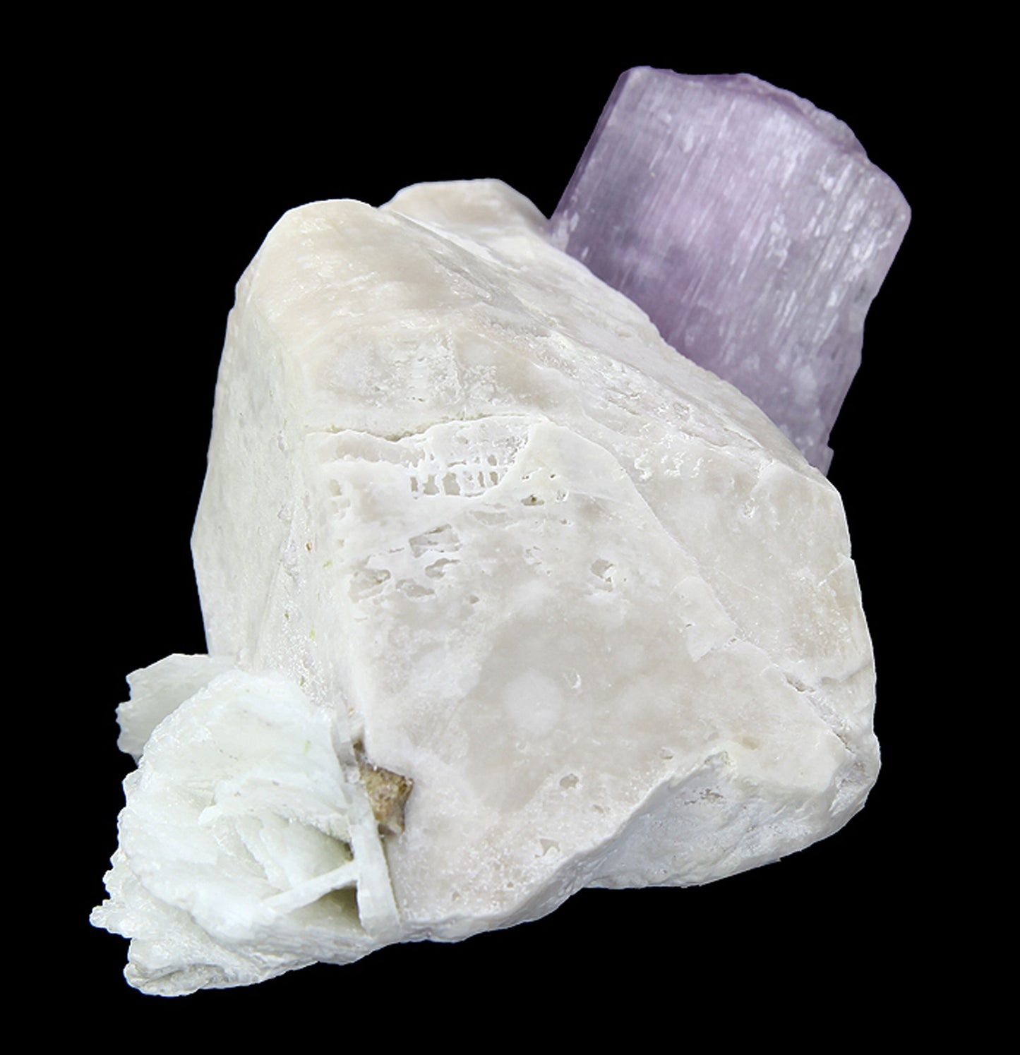 Spodumene (var: Kunzite) with Tourmaline and Microlite on Microcline