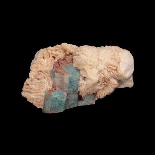 Microcline (var: Amazonite)  on Albite (var: Cleavelandite)