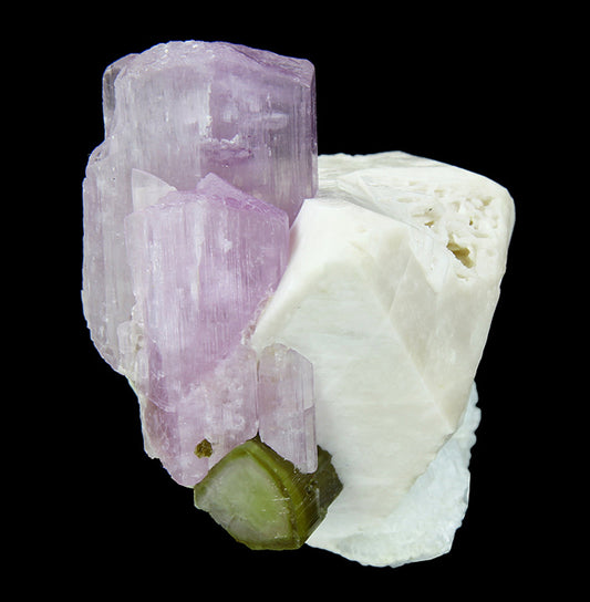 Spodumene (var: Kunzite) with Tourmaline and Microlite on Microcline